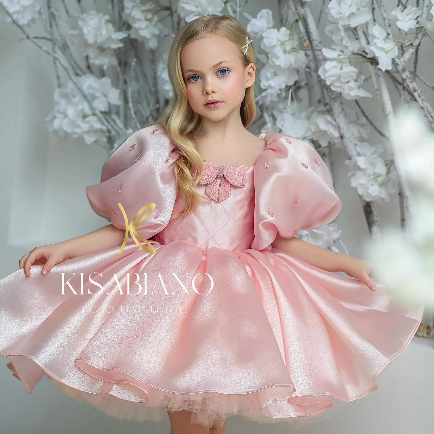 

Pink Flower Girl Dress Wedding Party Satin Bow Short Princess Holy First Communion Dress