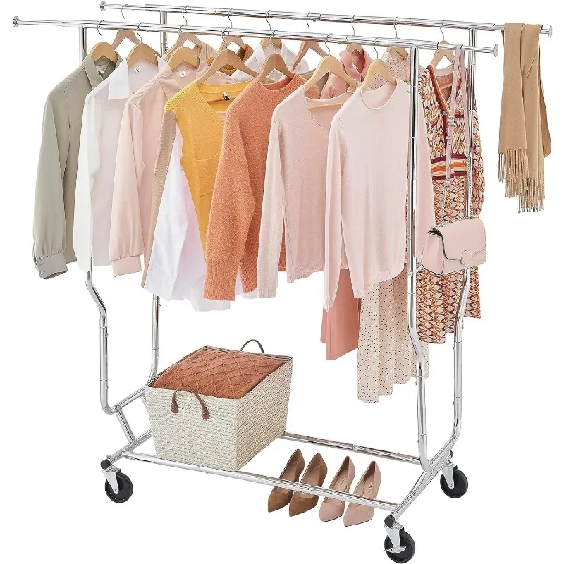 Modern Clothes Rack Heavy Duty Rolling Garment Rack With Wheels And Extendable Double Rods, Collapsible Clothing Racks
