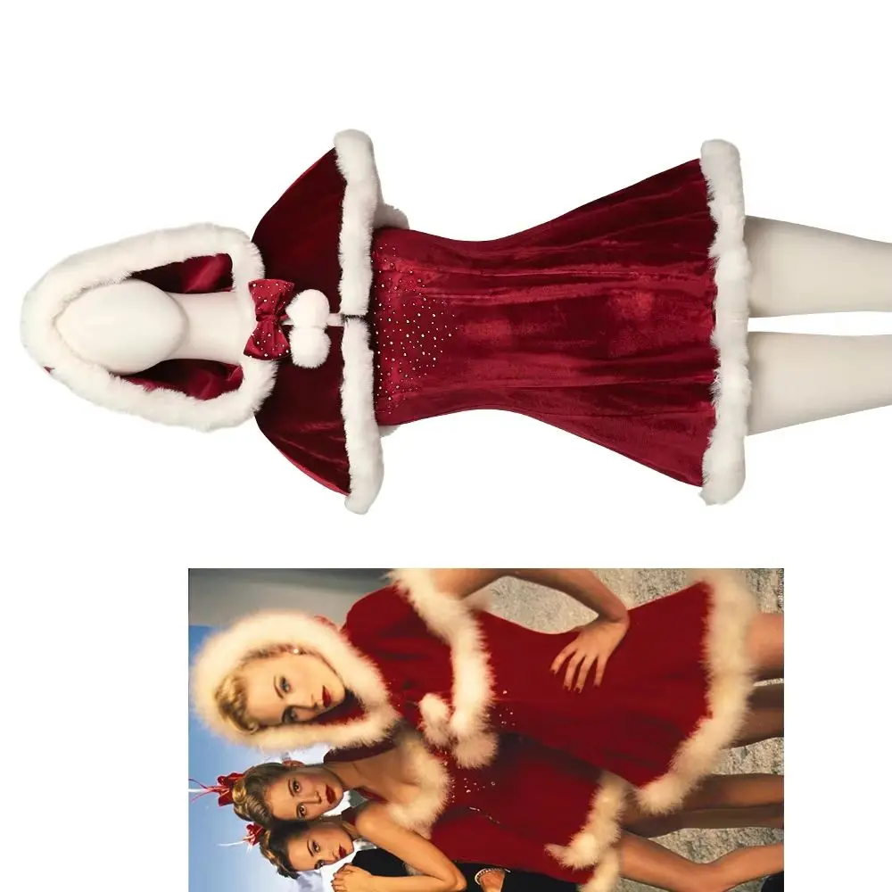 

Retro Christmas Dress Cosplay Movie Love Costume Sexy Women Red Velvet Mini Dress with Hooded Cape Xmas Carnival Party Ball Gown