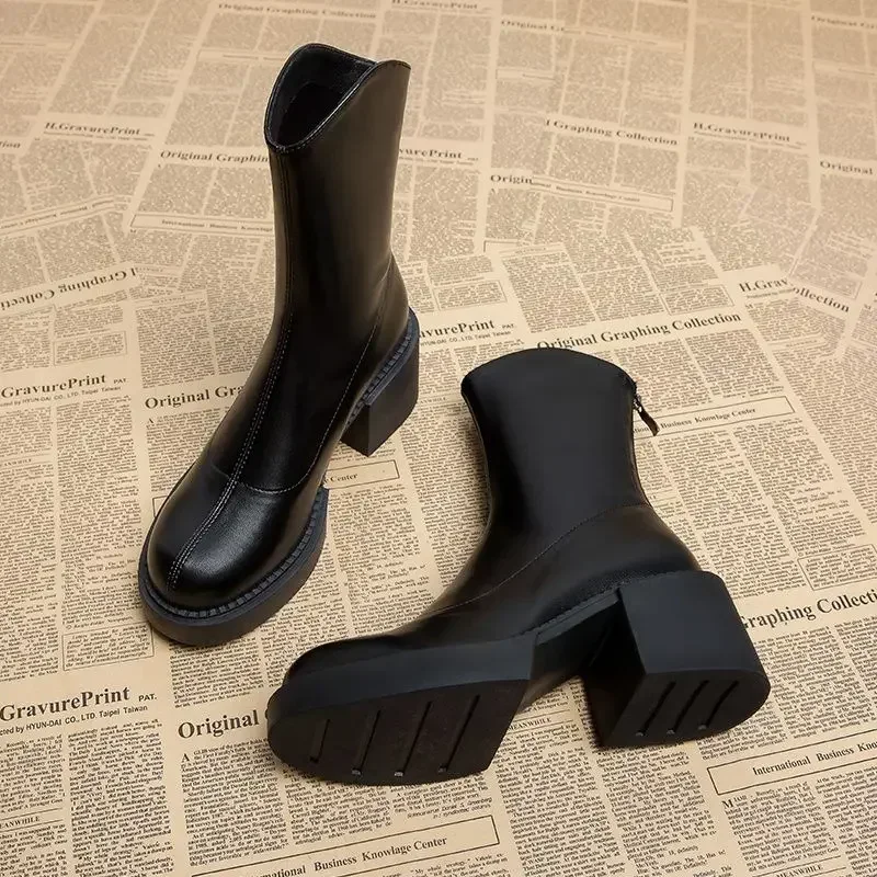 Elegant Heeled Ladies Mid Calf Shoes Spring 2025 High Heels Women\'s Half Boots Black On Offer Winter Novelty Trend Promotion New