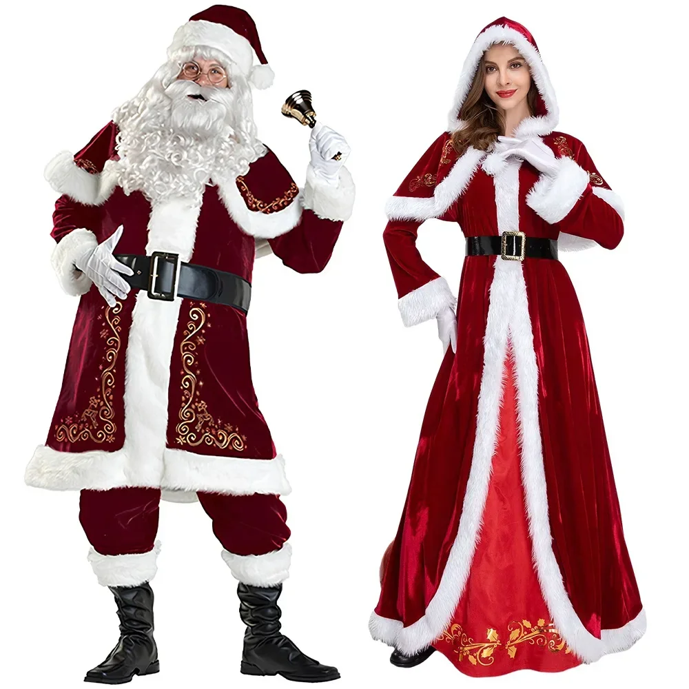 

Santa Claus Couple Cosplay Costume Lady Elegant Red Velvet Xmas Long Dress Christmas Carnival Party Performance Man Woman Outfit