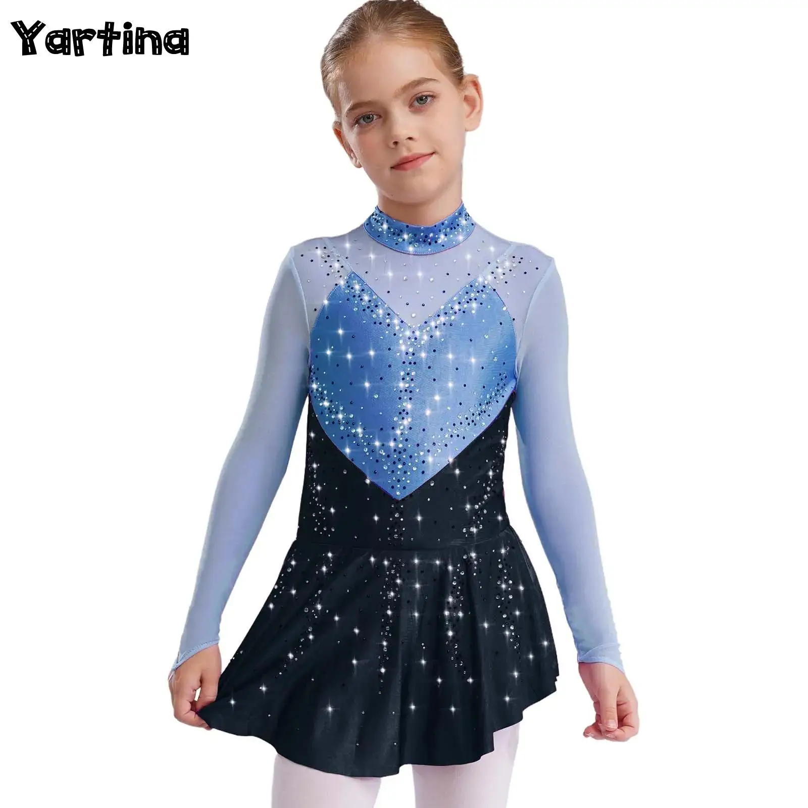 

Kids Girls Ballet Leotards Figure Skating Dance Dresses Gymnastics Ballerina Tutu Costume Sheer Mesh Shiny Rhinestones Dress