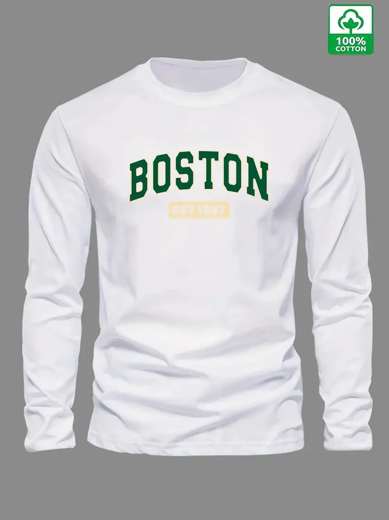 เสื้อยืดคอกลมแขนยาวผู้ชายผ้าฝ้าย 100% พิมพ์ลายตัวอักษร BOSTON EST 1997 สไตล์ลำลองอเนกประสงค์สำหรับฤดูใบไม้ร่วงและฤดูหนาว
