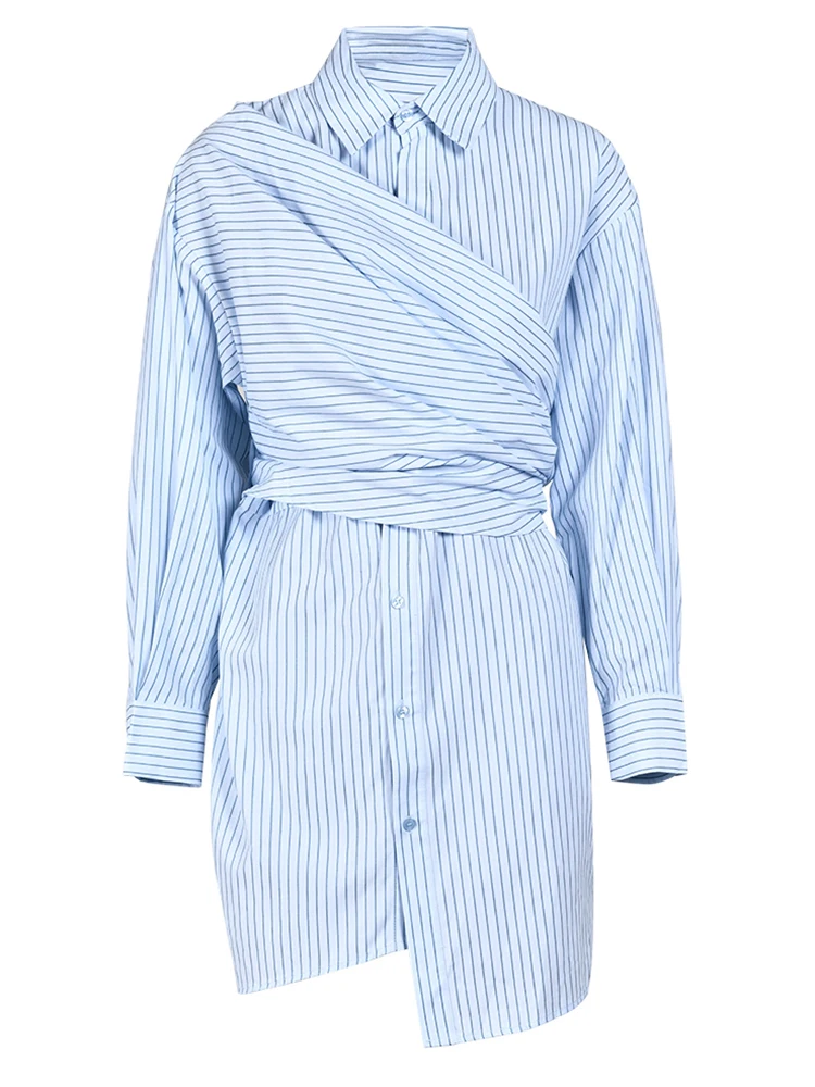 [EAM] Women Blue Striped Irregular Big Size Shirt Dress New Lapel Long Sleeve Loose Fit Fashion Tide Spring Autumn 2024 CP1888