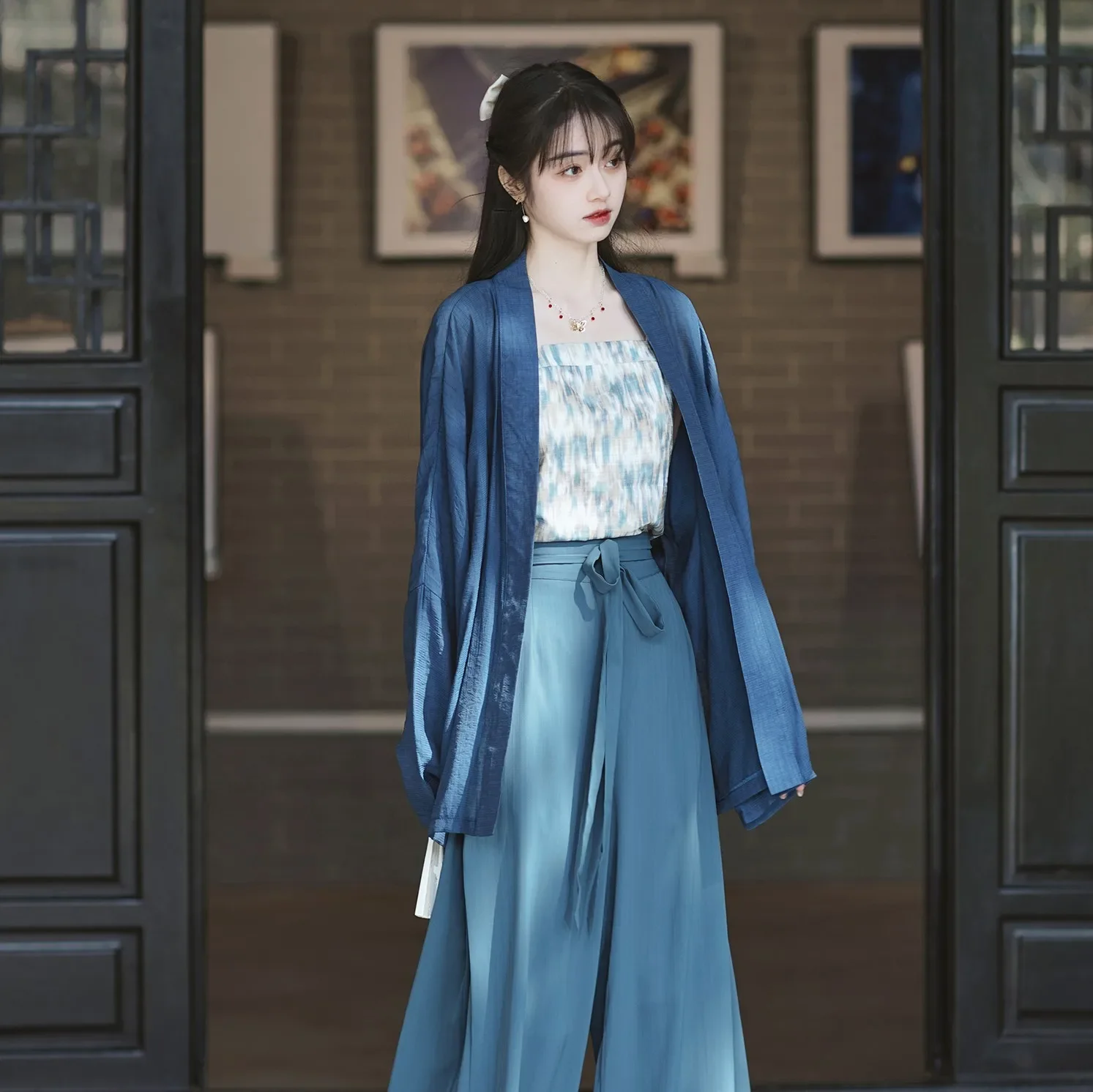 Yourqipao Summer 2023 3Pcs/bags Blue Cardigan Camis Pants Han Elements Casual Loose Retro Chinese Style Hanfu Dress for Women