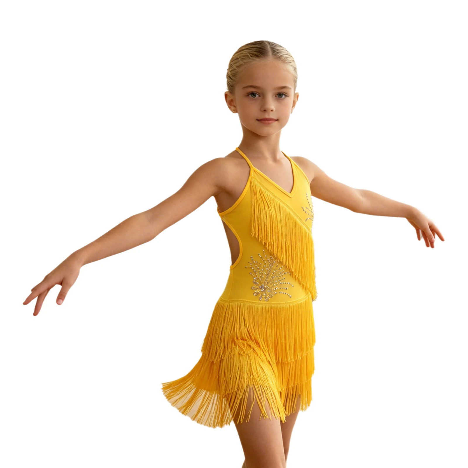 Tassels Latin Dance Dress for Kids Girls Sleeveless Shiny Rhinestone Fringed Dresses Ballroom Chacha Tango Rumba Salsa Dancewear - view 4