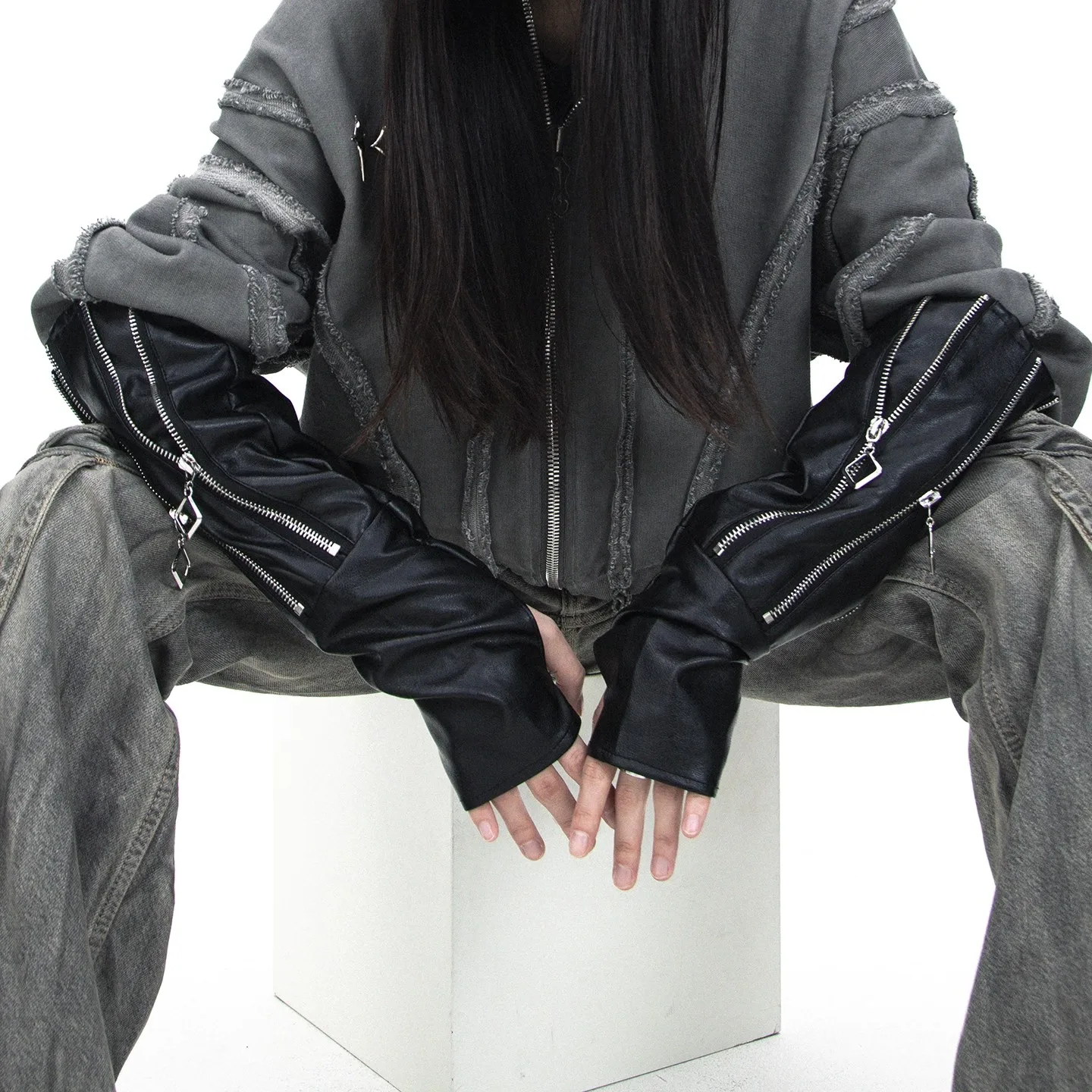 Women's Fashion PU Leather Zipper Long Black Fingerless Punk Glove Girls Club Performance Formal Party Dancing Glove R123