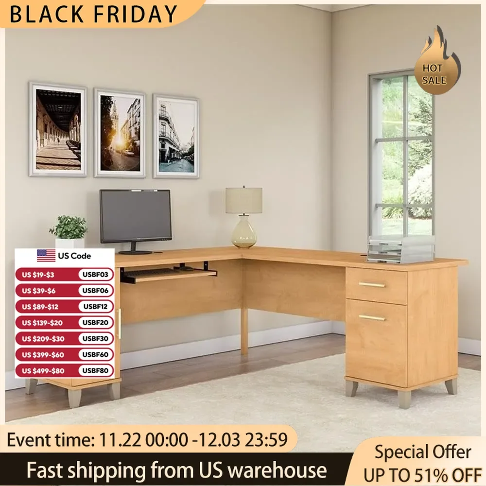 

Somerset 72W L Shaped Desk with Storage in Maple Cross, 72-inch Large Corner Computer Table for Home Office Workspace