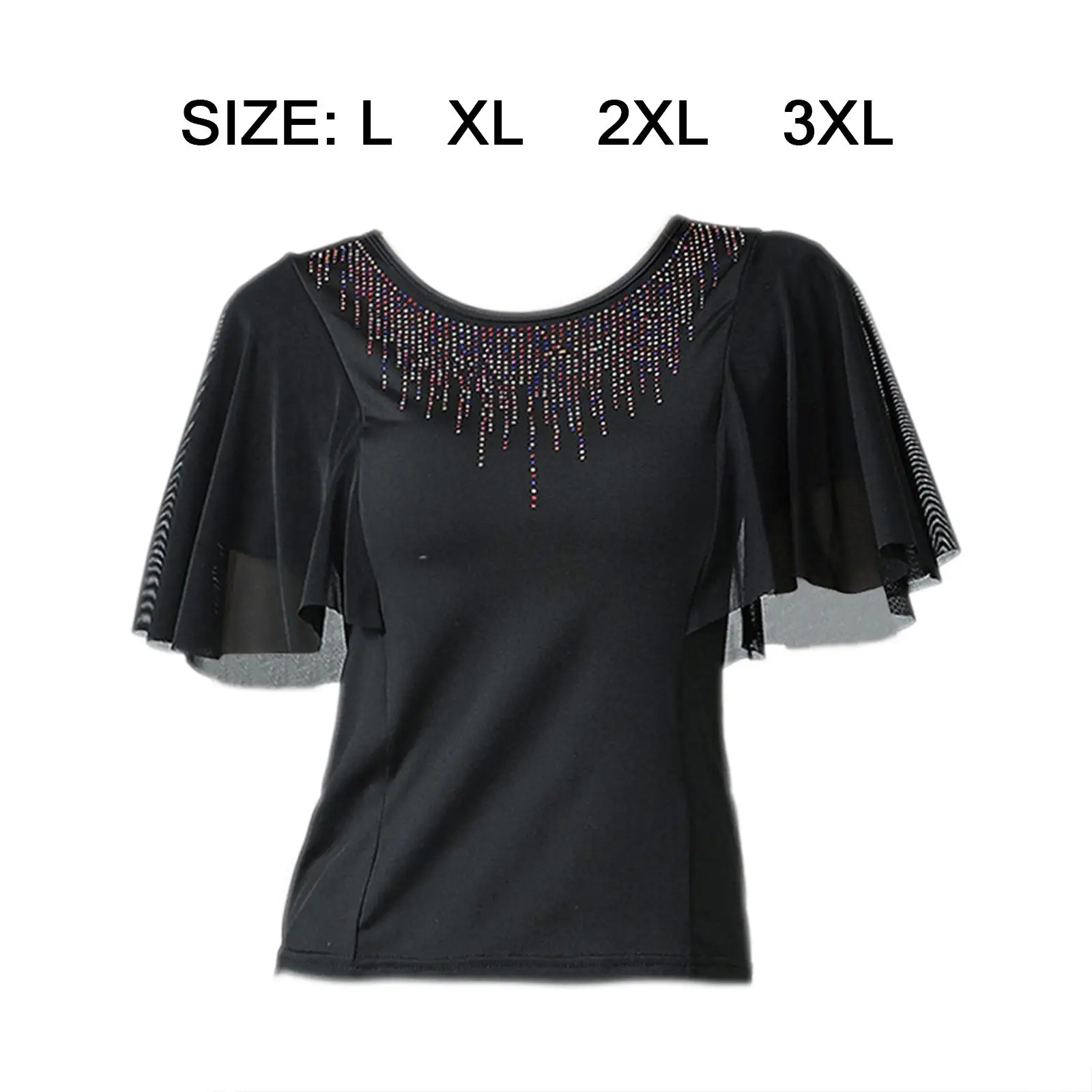 Elegant Ladies Ballroom Dance Tops Trumpet Sleeves Colorful Rhinestone Neckline