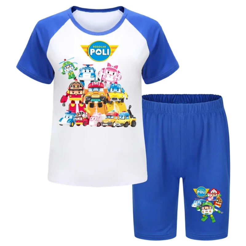 

AIAI 2025RobocarPoli Summer Pajamas Home Clothing Sets T-shirt Pants RobocarPoli Anime Low-waisted Boys Girls Clothes