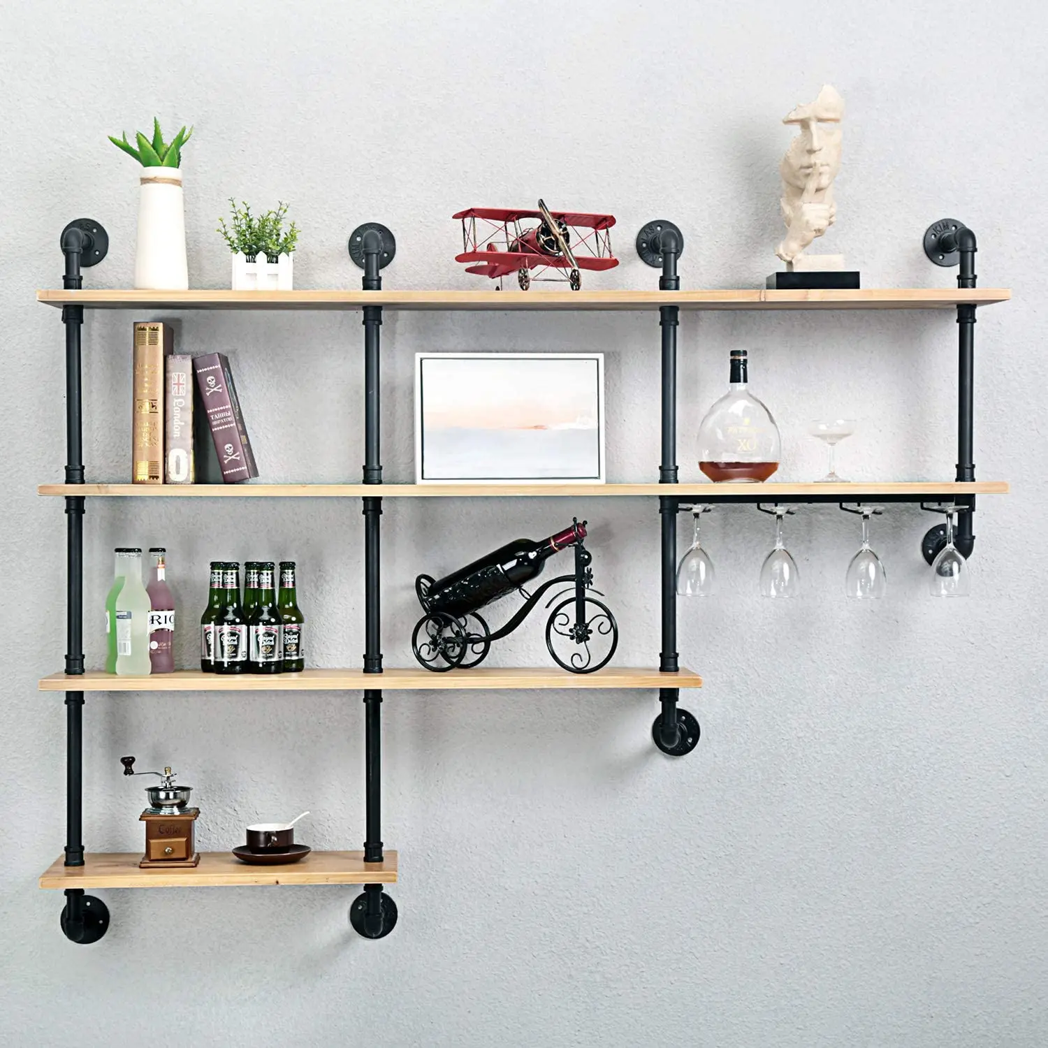 ch Industrial Pipe Shelving,Rustic Wooden&Metal Floating Shelves,Home Decor Shelves Wall Mount with Wine Rack