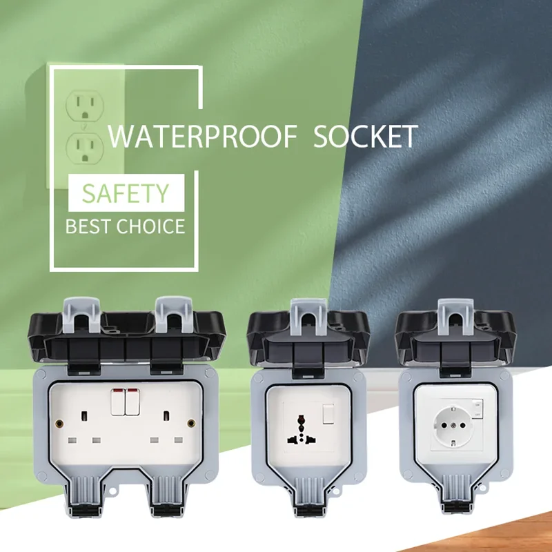 Double EU Socket Power Supply Switch Socket 16A Outdoor Wall Power Socket Charging for Home& Garden IP66 Weatherproof