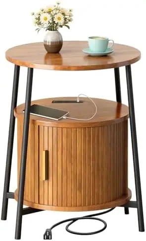 Round End Tables with Charging Station, Fluted Accent Side Table with Sliding Door, Mid-Century Modern Nightstand for
