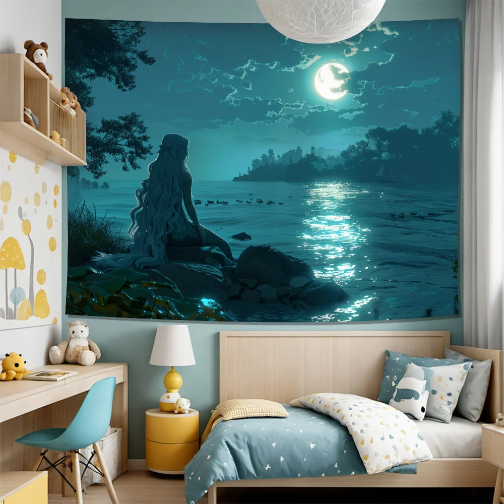 Huge Mermaid Fantasy Tapestry Wall Art Ocean Moonlight Dream Scene Printed Decorative Room Decor Background Poster 150x230cm view 6