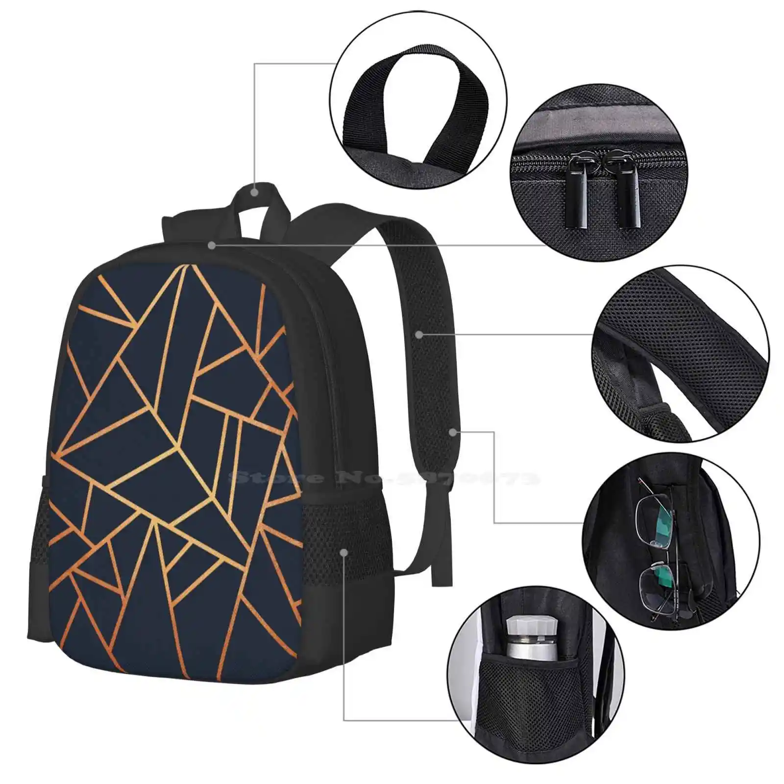 Copper And Midnight Navy Pattern Design Laptop Travel School Bags Graphic Pattern Abstract Lines Mosaic Modern Geometry