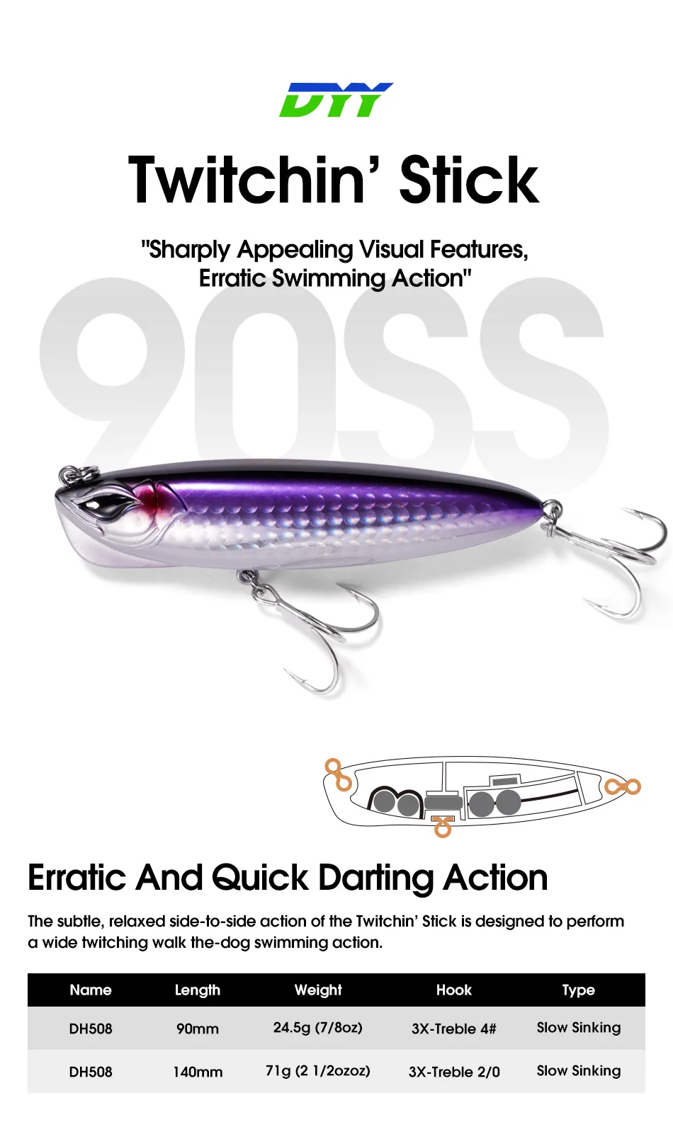 DYY-Hard Stickbait Angelköder, langsam sinkender Bleistift-Wobbler, Hund Walker, künstlicher harter Köder zum Barschangeln, 9 cm, 24,5 g, 14 cm, 71 g – Detail 1