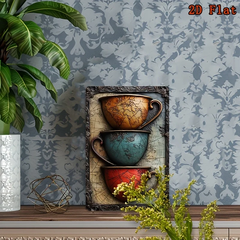 Vintage Coffee Cup Iron Metal Wall Art Plaque for Home, Office, Kitchen 2D Flat Iron Sign Metal Sign