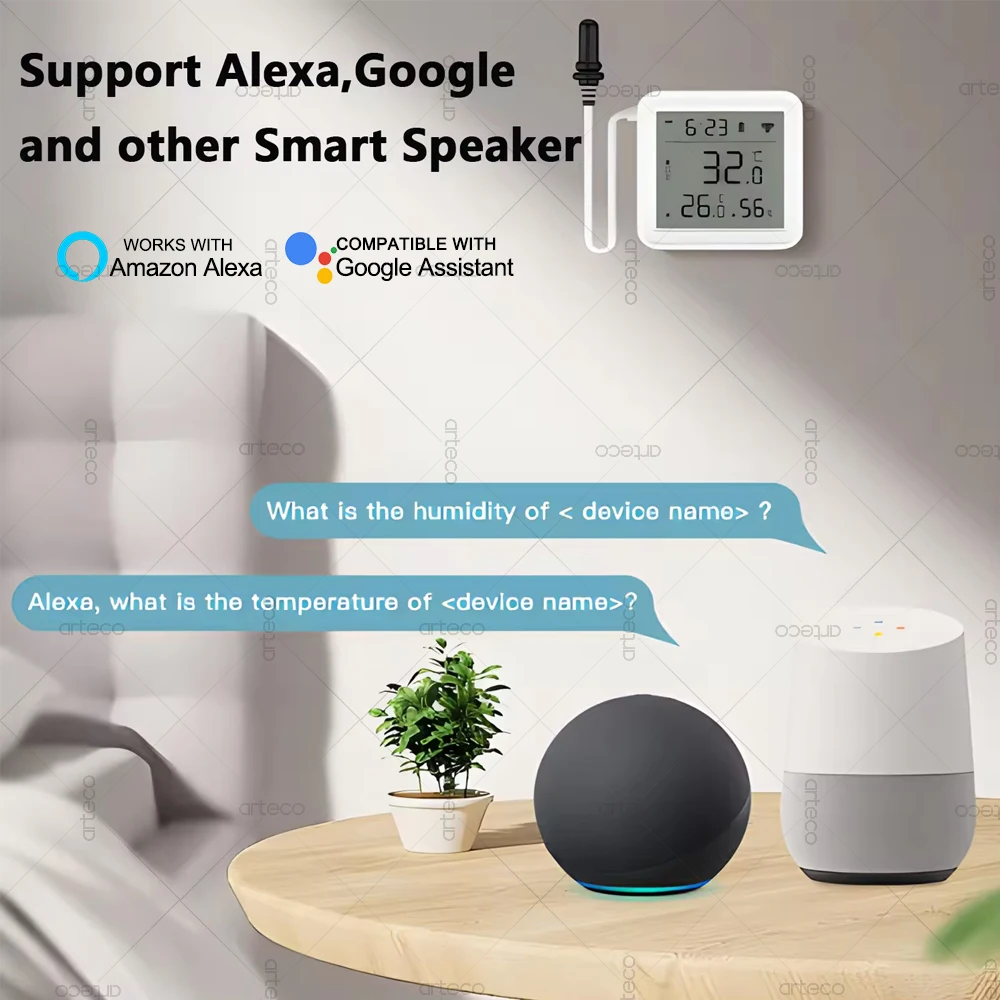Tuya WiFi Zigbee مستشعر درجة الحرارة والرطوبة مع مسبار خارجي شاشة LCD رقمية مقياس الرطوبة الحراري، صوت عبر Alexa Google Home