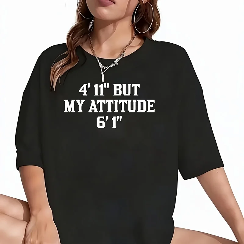 I'M 4'11 But My Attitude Is 6'1 Women's T-Shirt Funny Graphic Short Sleeve Tee Novelty Shirt Casual Crew Neck Top 100% Cotton S-5XL