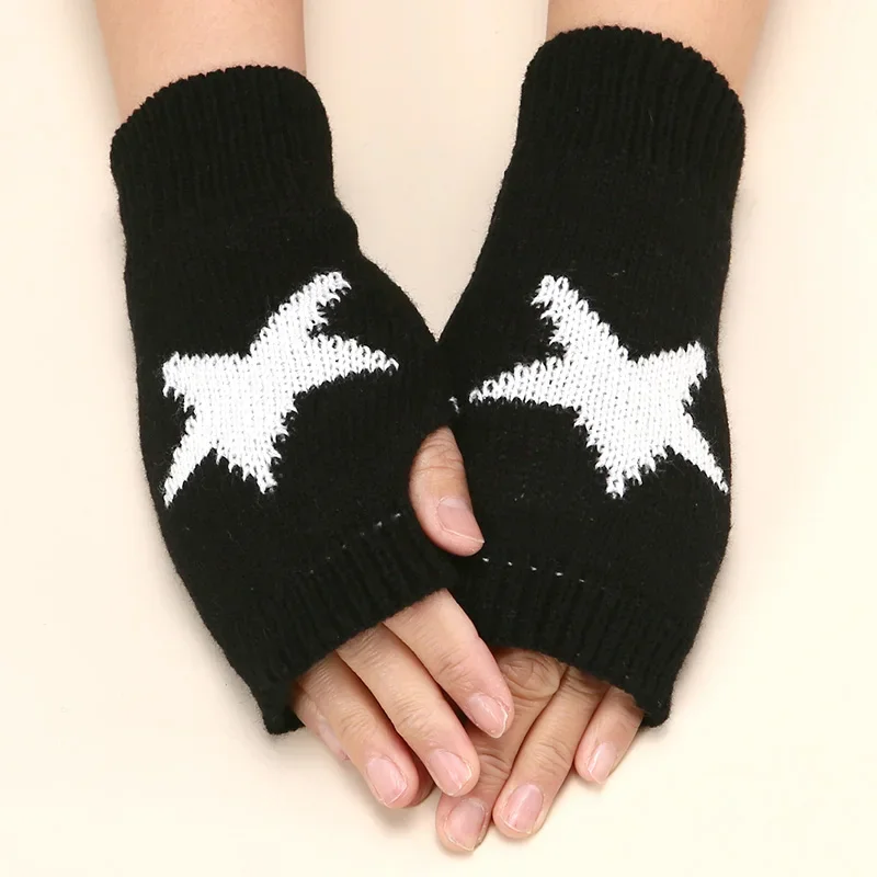 Black Gothic Women Knitted Warm Half Gloves Autumn Winter Fingerless Gloves Lolita Girls White Lolita Accessories Mittens