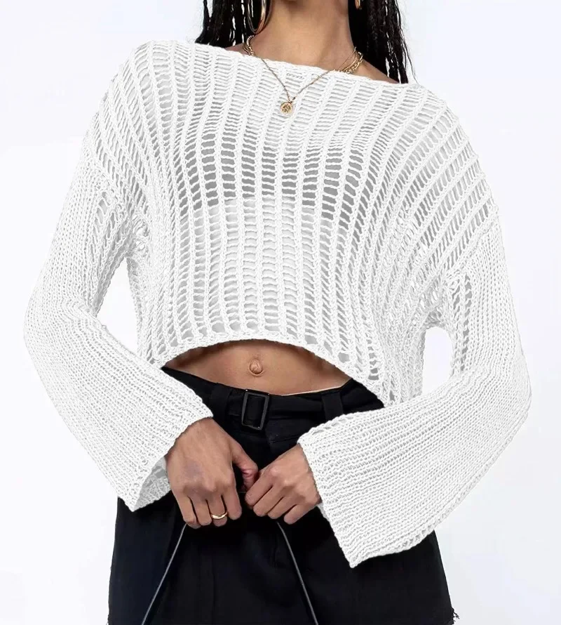 2024 Spring/Summer Knitted Shirt Women's Hooked Cover Up Off Shoulder Hollow Women's Knitted Knitted Shirt SFC8-3