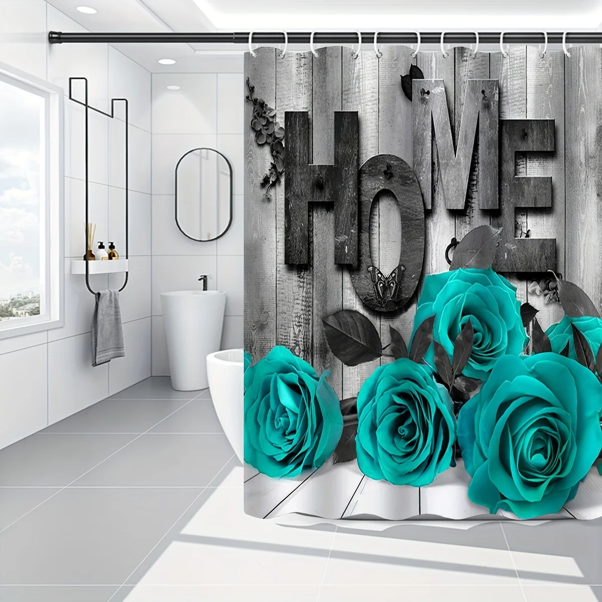 4 Piece Romantic Rose Shower Curtain Set - Waterproof with U-Shape, Toilet Cover and L-Shape Cushion - Classic Style180x180