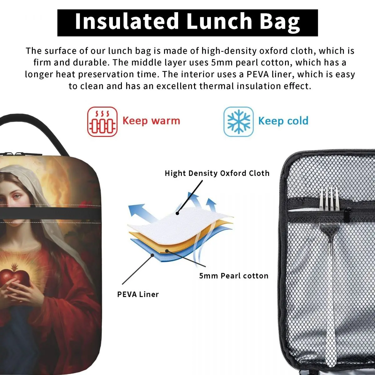 Immaculate Heart Of Mary Insulated Lunch Bag Catholic Holy Art Mother of Jesus Christ Food Box Portable Cooler Thermal Bento Box