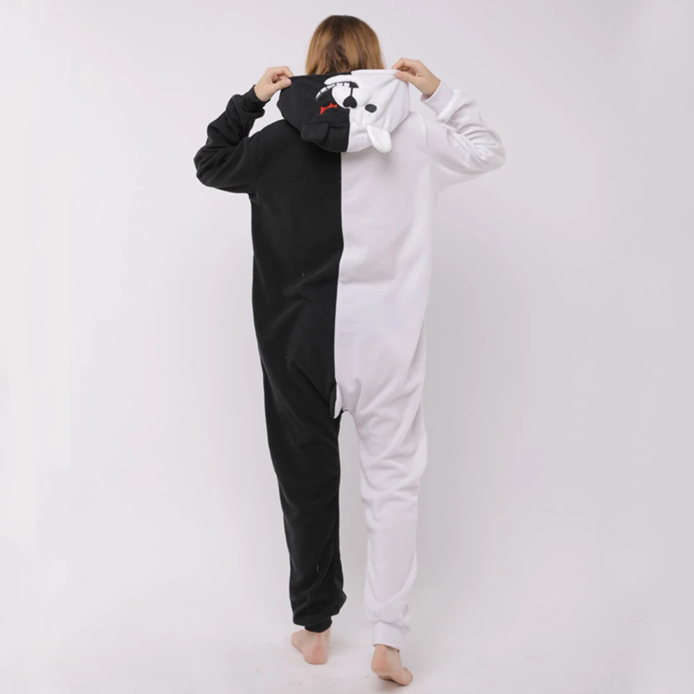 Black and White Stitching Bear Hooded Flannel One-piece pajamas Cartoon Button Onesie Couple Sleepwear Leisure wear Women Men