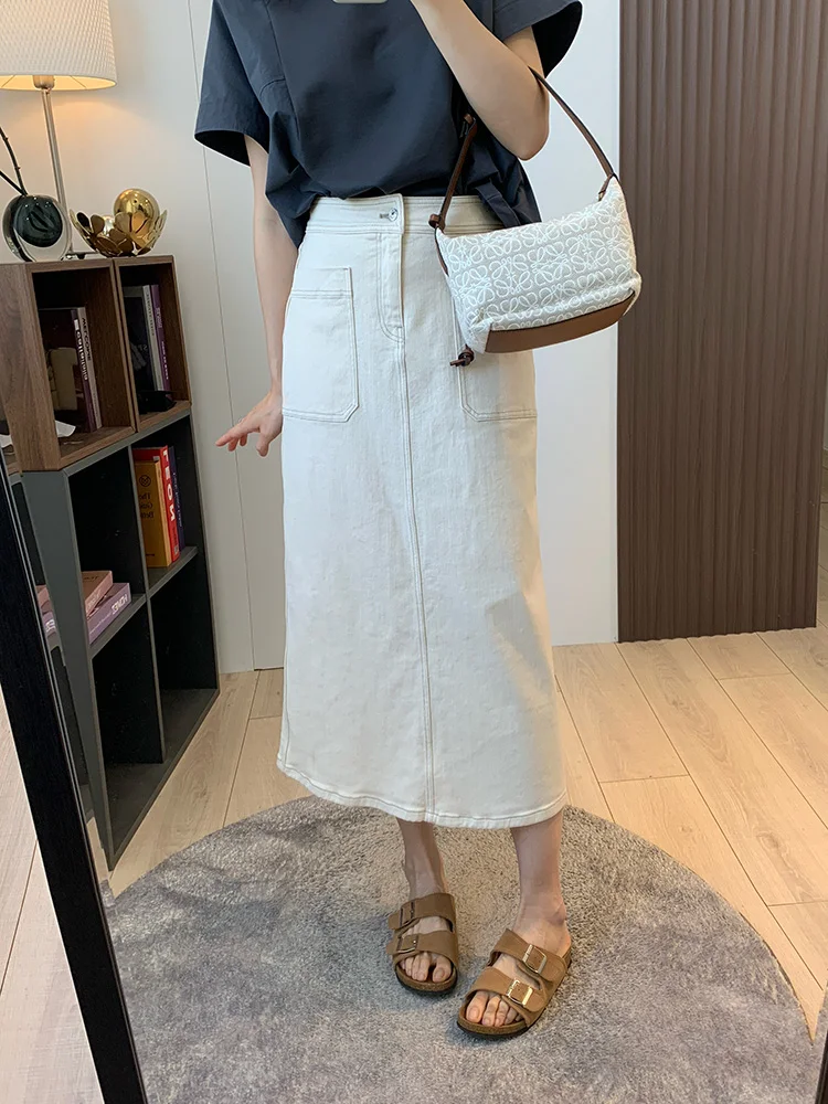 

High Waist Mid-Length Denim Skirt with Double kets Elastic Slit Straight Cut H-ape f Body Skirt in Original Color