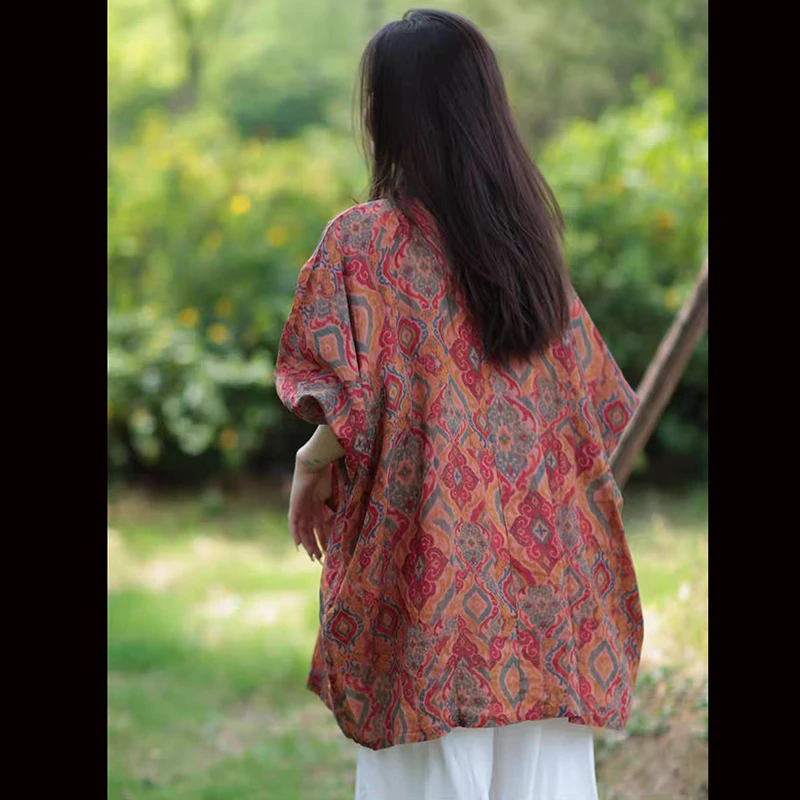 春夏中国風の女性長袖ルーズブラウスコート良質ラミーシングルブレストプリントヴィンテージシャツ TJ44