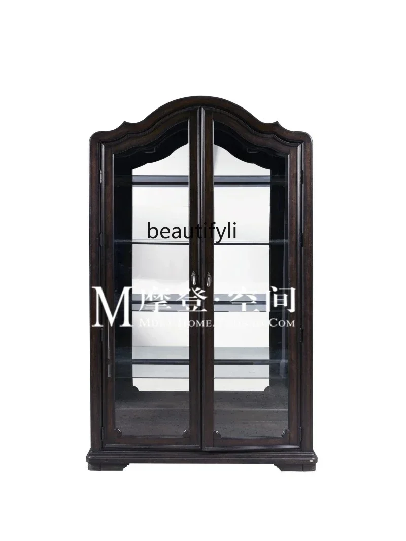 

European solid wood glass door dining side cabinet French antique and old, American oak living room display, display cabinet