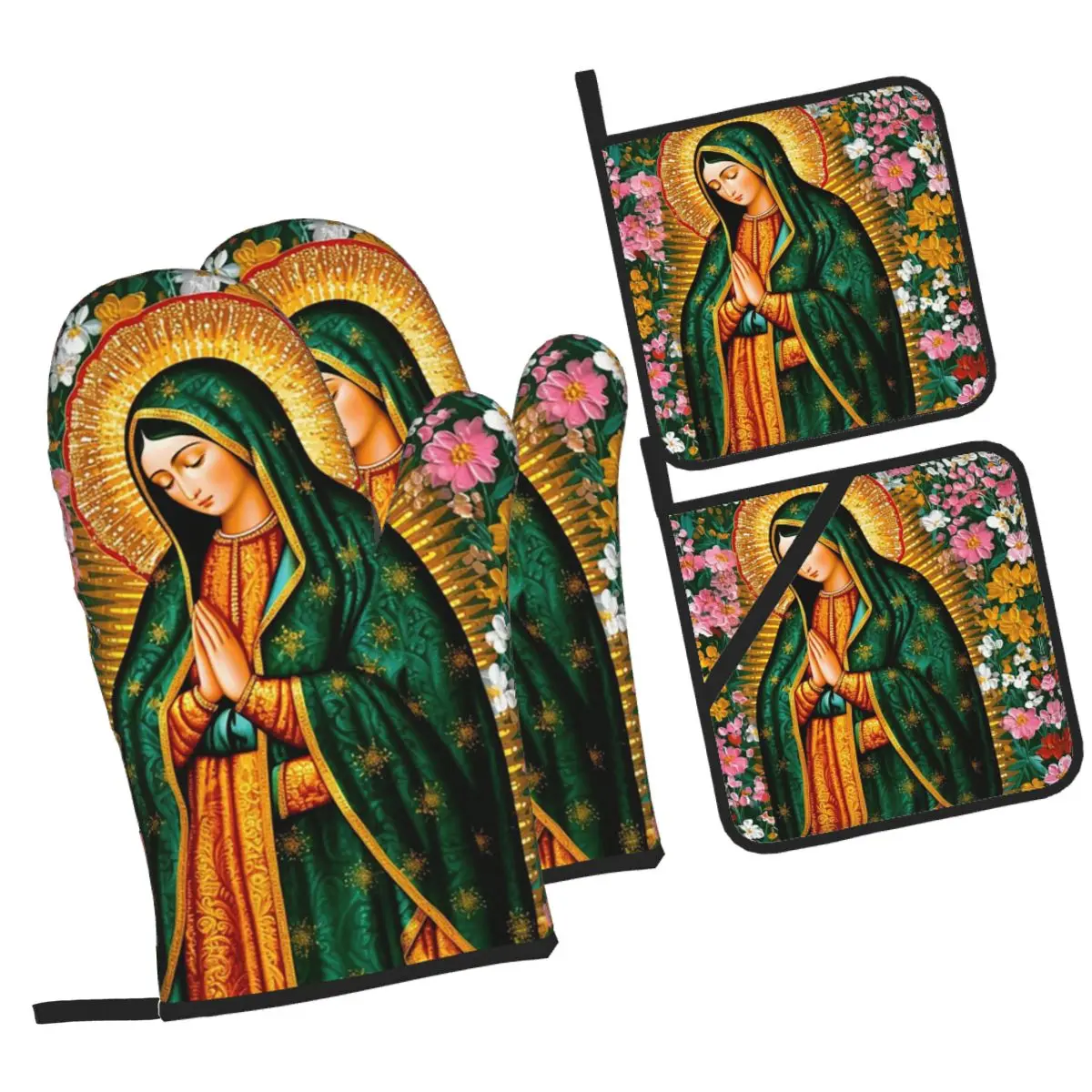 Our Lady Of Guadalupe Virgin Mary Mexican Oven Mitts and Pot Holder Sets of 4 for Baking Cooking BBQ Resistant Non-Slip Gloves
