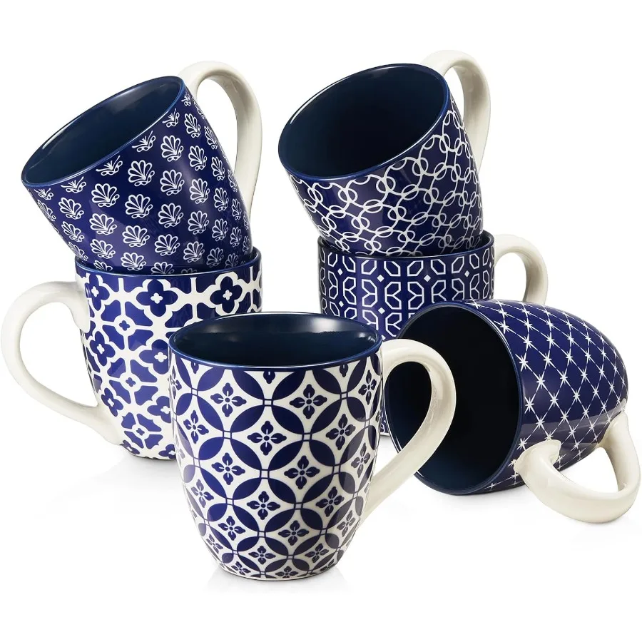 

Set of 6 Large 16 oz Porcelain Coffee Mugs with Handle for Coffee Tea and Cocoa Vintage Blue Ceramic Mugs Ideal for Daily Use G