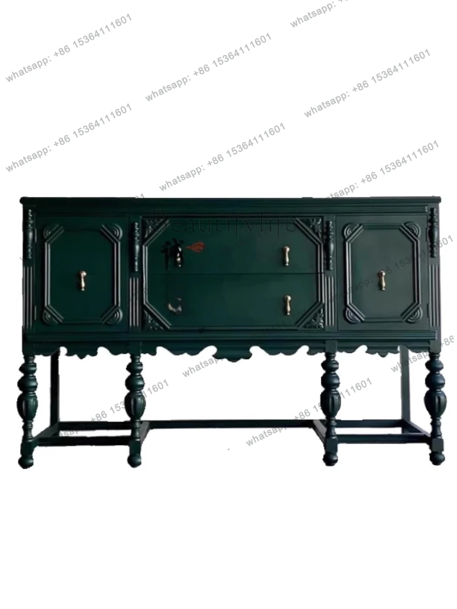 

French retro solid wood porch cabinet living room decoration dark green carved dining side cabinet