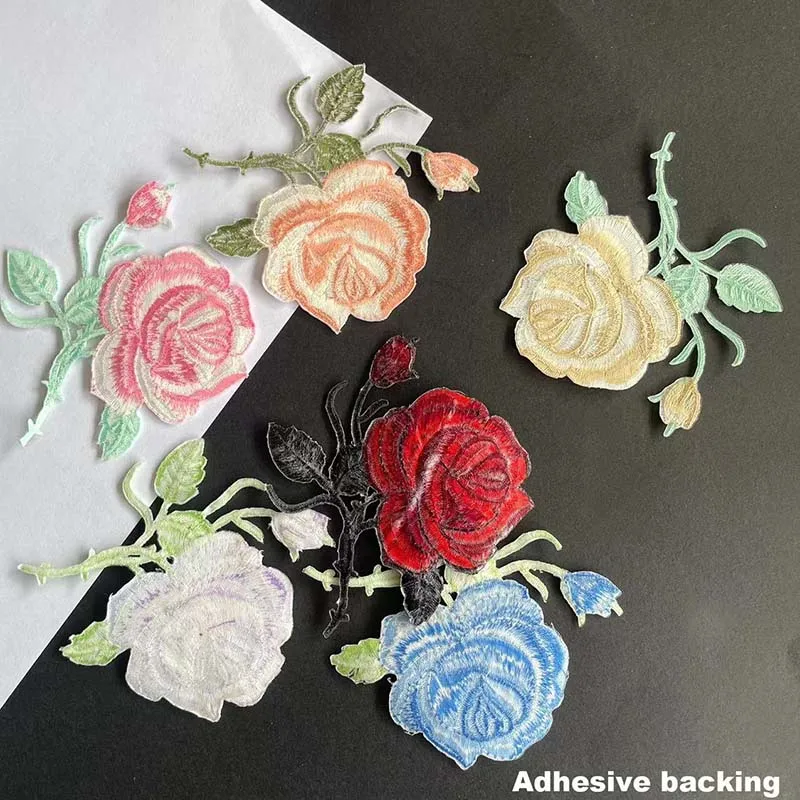 6 Stück/Stoff-Blumen-Applikationen, thermoklebende Kleideraufkleber, Rosen-Stickerei-Aufnäher zum Aufbügeln, Dekoration für Kleidung, Jeans – Detail 3