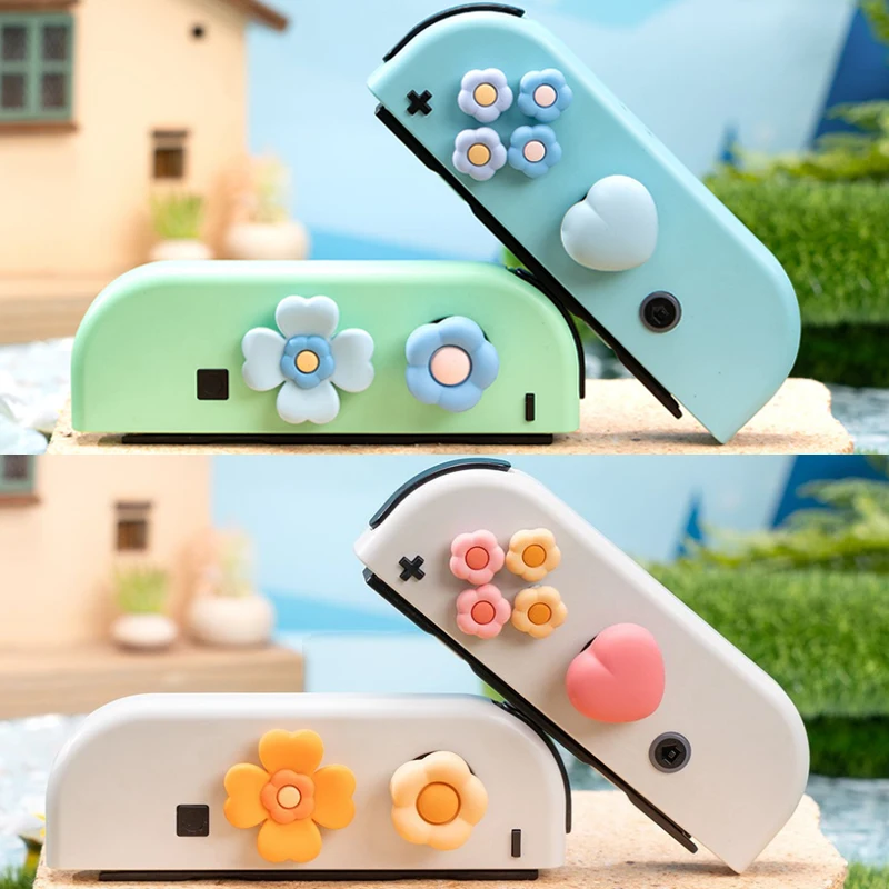 Flower Heart Silicone Soft D-pad Cross Button ABXY Key Sticker Skin Case For Switch Oled NS Joy-con Thumb Stick Grip Cap Cover