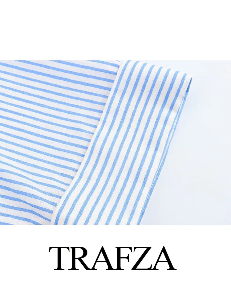 TRAFZA-Chemisier à Manches sulfpour Femme, Haut à Revers, Rayure Bleue, Simple Boutonnage, Décorer, Vintage, Été