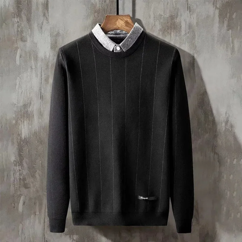 LIBIELIY Fashion Striped Spliced Fake Two Pieces Sweaters Men's Clothing 2025 Autumn Winter Oversized Casual Pullovers Korean To