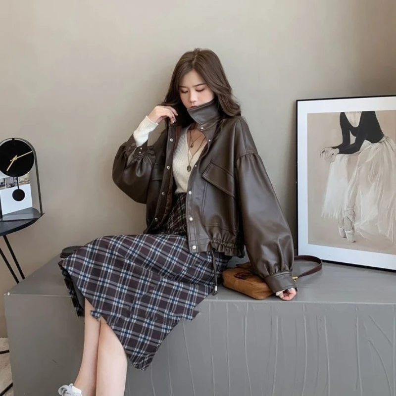 

​High Quality PU Leather Jacket Women 2025 Spring Autumn Korean Short Sleeve Flip Collar Fashionable Blazer​