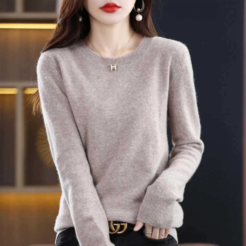 Mùa Thu Đông 100% Nguyên Chất Len Nữ Cashmere Áo Len Cổ Tròn Thời Trang Đáy Áo Thun Cổ Áo Đan Dây Màu Trơn Dài Tay Áo