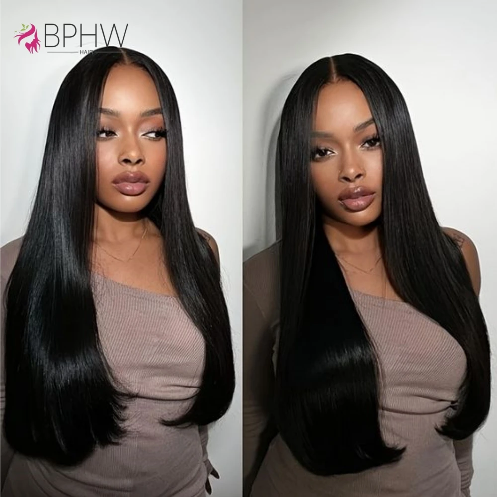 BPHW-Straight Lace Frontal Cabelo peruano para mulheres negras, 13x4, 100% cabelo humano, cor natural, 3 pacotes, bonito