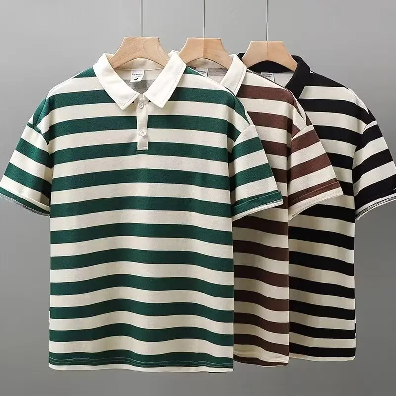 Men's 2024 Summer Turn Collar Polo Shirt Students Business Striped Short Sleeved T-shirts For Men Clothing