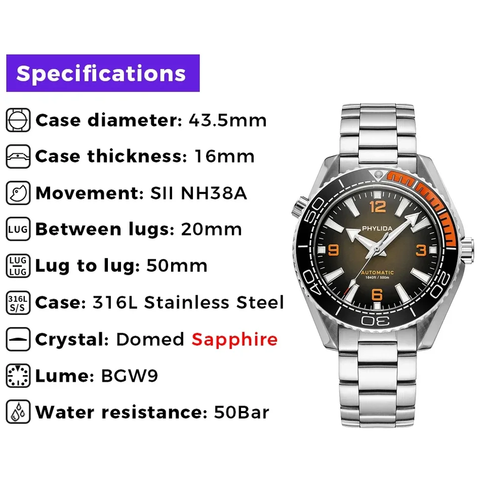 PHYLIDA 500m Men's 43.5mm Automatic Ultra Diver Watch Deep