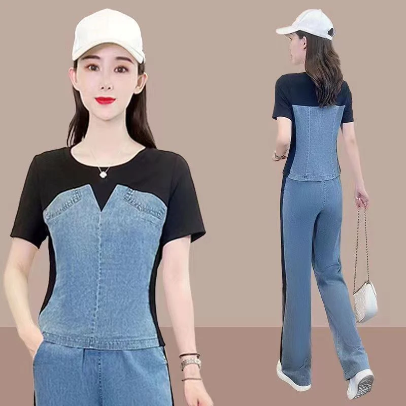 Casual And Fashionable Denim Set For Summer Women 2023 Splicing T-Shirt High Waisted Straight Leg Wide Leg Pants 2-Piece Set