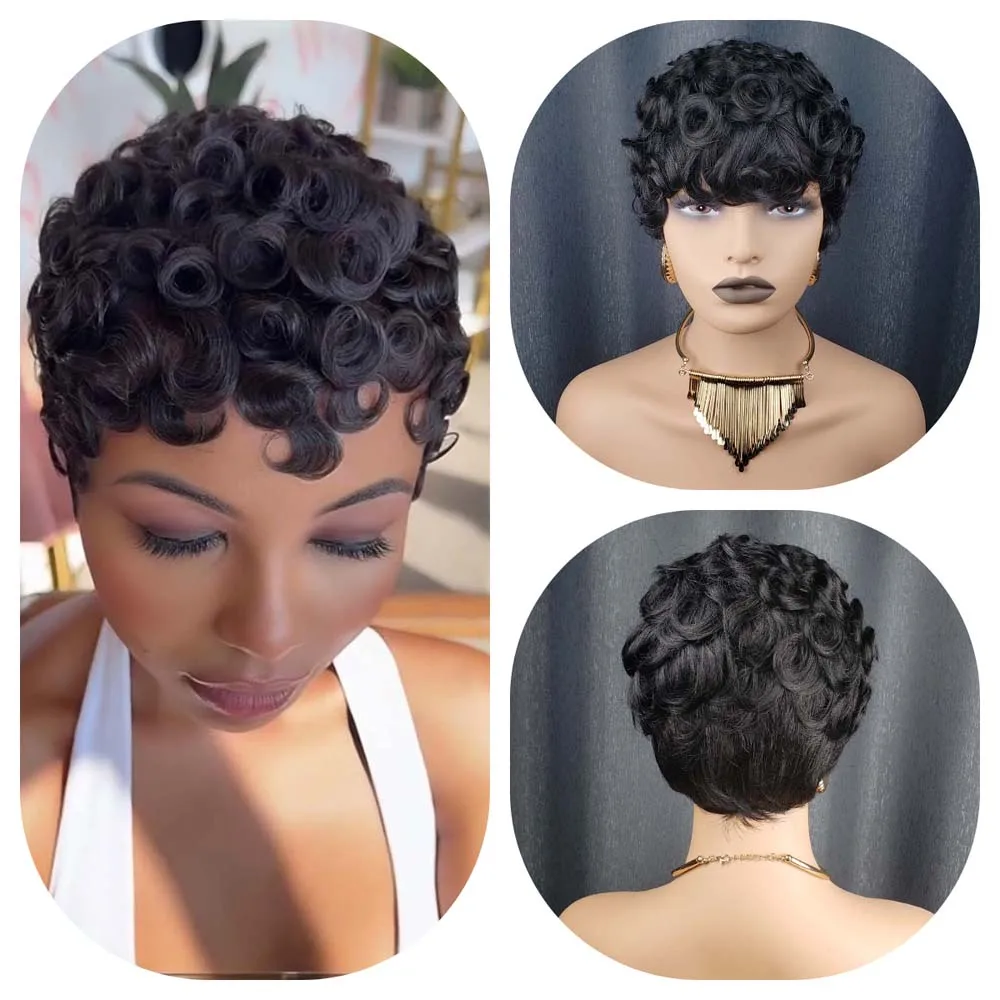 짧은 픽시컷 가발 인모 픽시컷 가발 내추럴 블랙 컬러 곱슬머리 풀머신메이드 가발 (흑인 여성용)