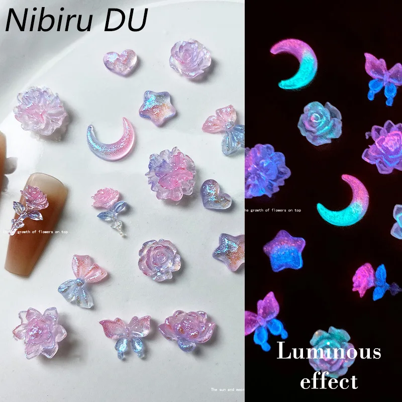 

50PCS Resin 3D Night Lights Noctilucent Nail Art Charm Luminous Gradient Lotus Butterfly Moon Manicure DIY Decoration Accessory