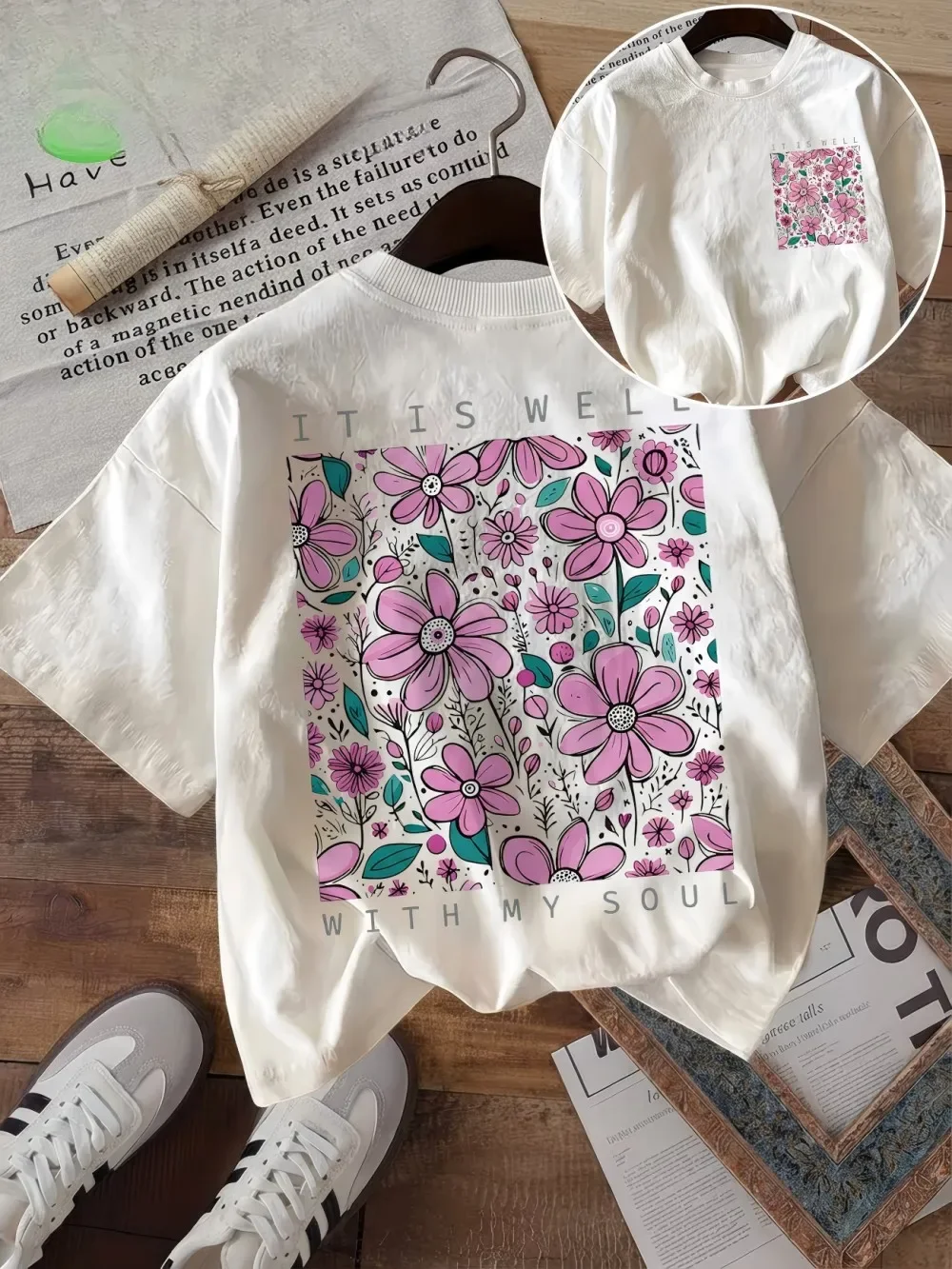 Vintage Floral Graphic T Shirt Women It Is Well With My Soul Botanical Print Tee Summer Retro Aesthetic Harajuku Streetwear Top