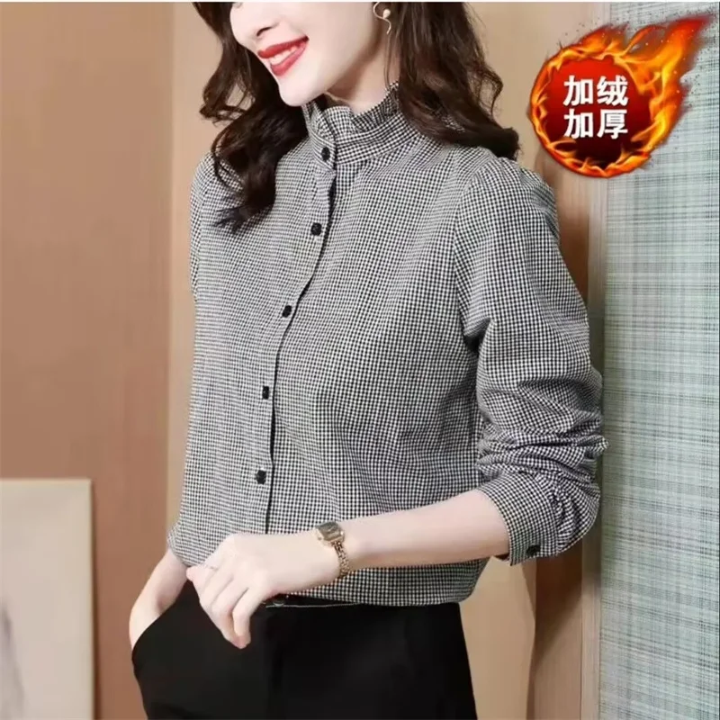 High-grade Ladies Loose Plaid Tops Summer Female New Long Sleeved Cardigan Blouse 2026 Women Fashion Stand Up Collar Thin Shirts