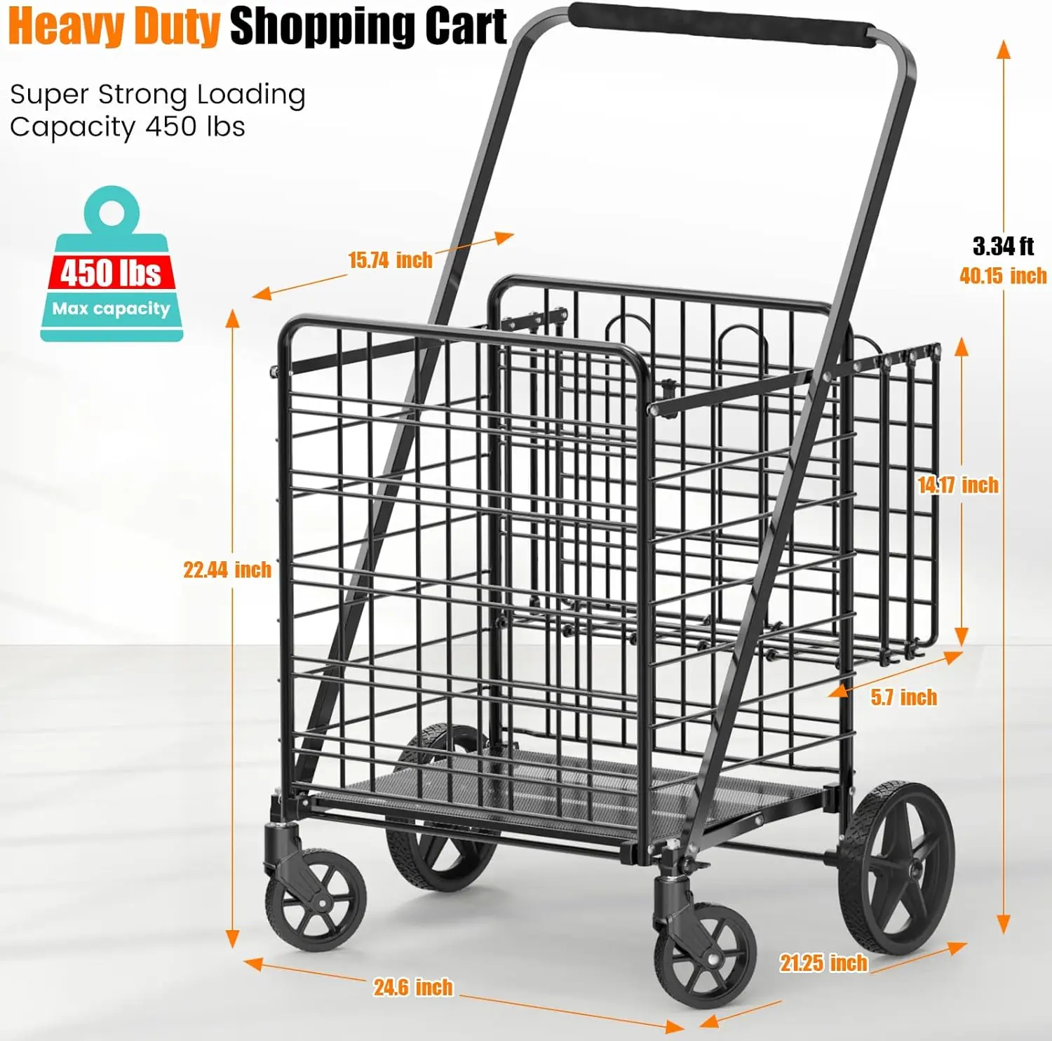 Large Shopping Cart for Groceries, 450lbs Heavy Duty Grocery Cart on Wheels, Folding Dual Basket Utility Carts with Waterp