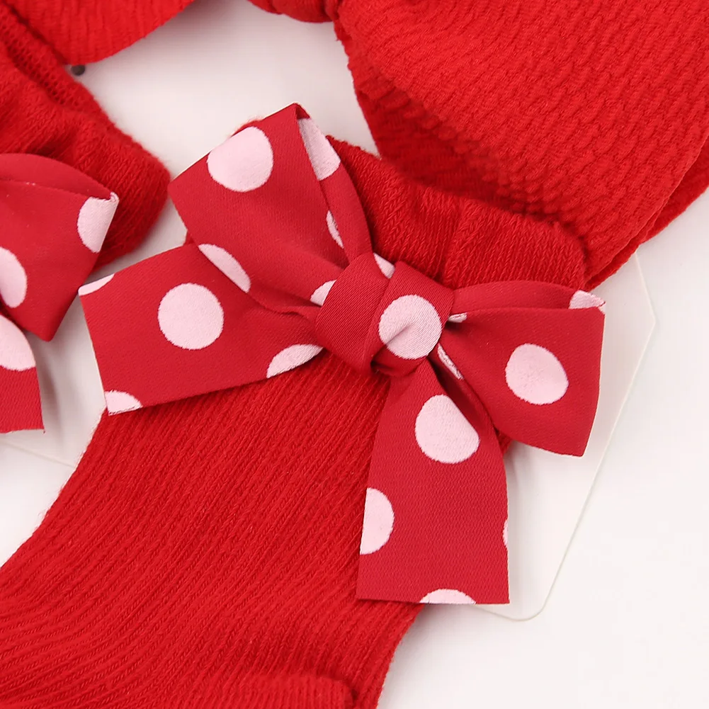 3Pcs/Set Christmas Red Bow Baby Headbands Long Knee Socks Dot Plaid Heart Print Bow 0-12M Sock Velvet Bullet Nylon New Year Gift